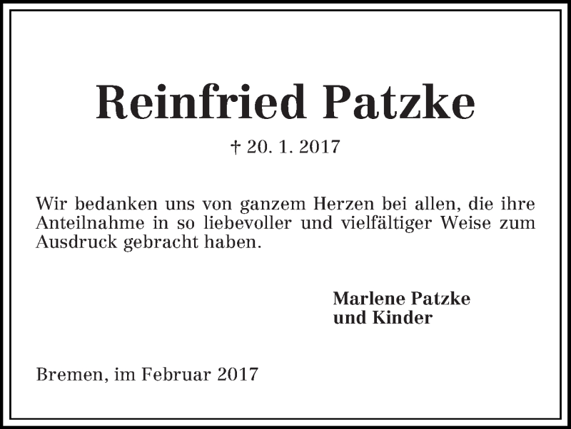 Traueranzeige von Reinfried Patzke von Die Norddeutsche