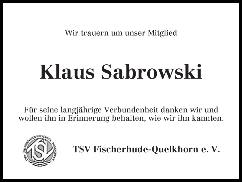  Traueranzeige für Klaus Sabrowski vom 09.02.2017 aus Wuemme Zeitung
