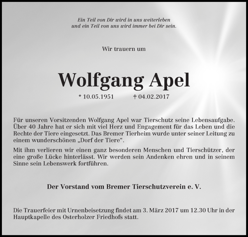  Traueranzeige für Wolfgang Apel vom 11.02.2017 aus WESER-KURIER