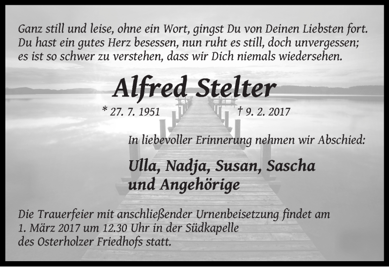  Traueranzeige für Alfred Stelter vom 18.02.2017 aus WESER-KURIER