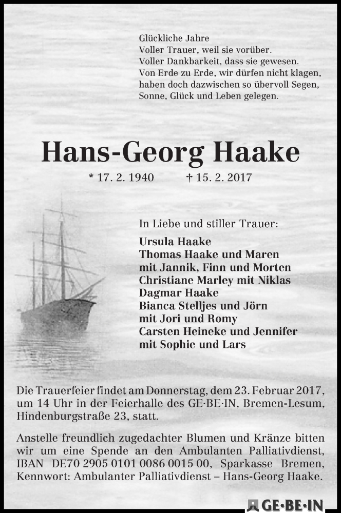  Traueranzeige für Hans-Georg Haake vom 18.02.2017 aus Die Norddeutsche