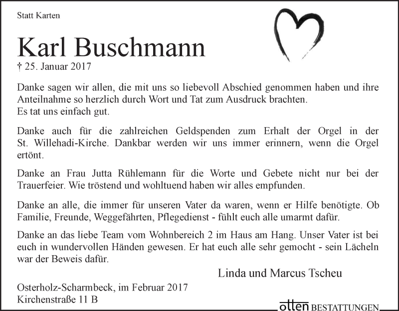  Traueranzeige für Karl Buschmann vom 18.02.2017 aus Osterholzer Kreisblatt