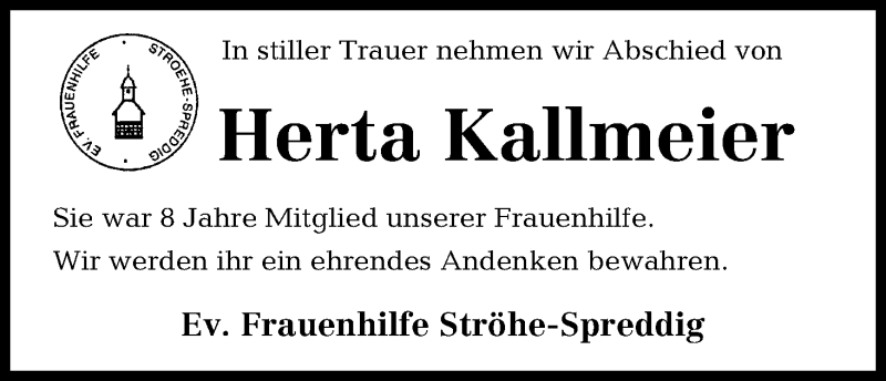 Traueranzeige von Herta Kallmeier von Osterholzer Kreisblatt