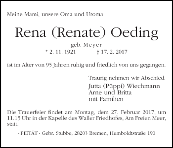 Traueranzeige von Rena (Renate) Oeding