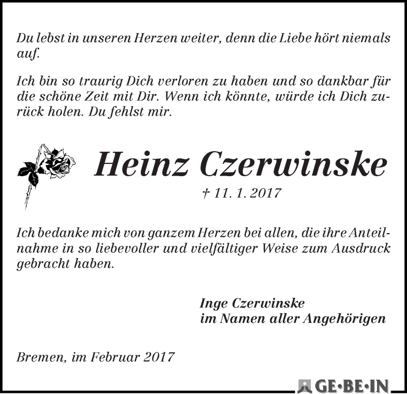 Traueranzeige von Heinz Czerwinske von WESER-KURIER