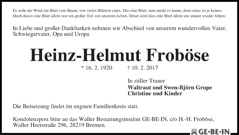 Traueranzeige von Heinz-Helmut Froböse von WESER-KURIER