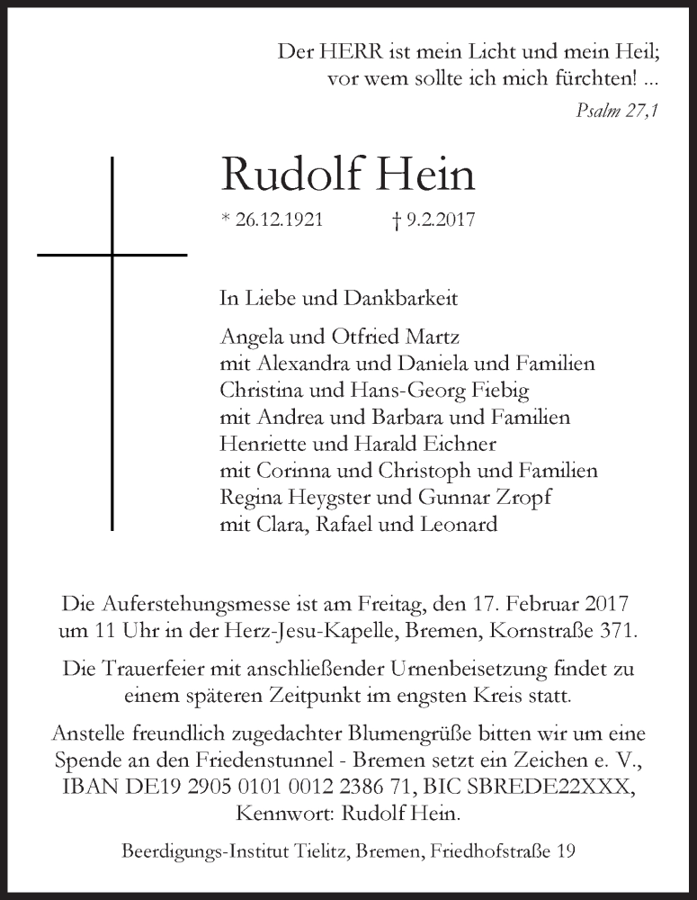 Traueranzeige von Rudolf Hein von WESER-KURIER