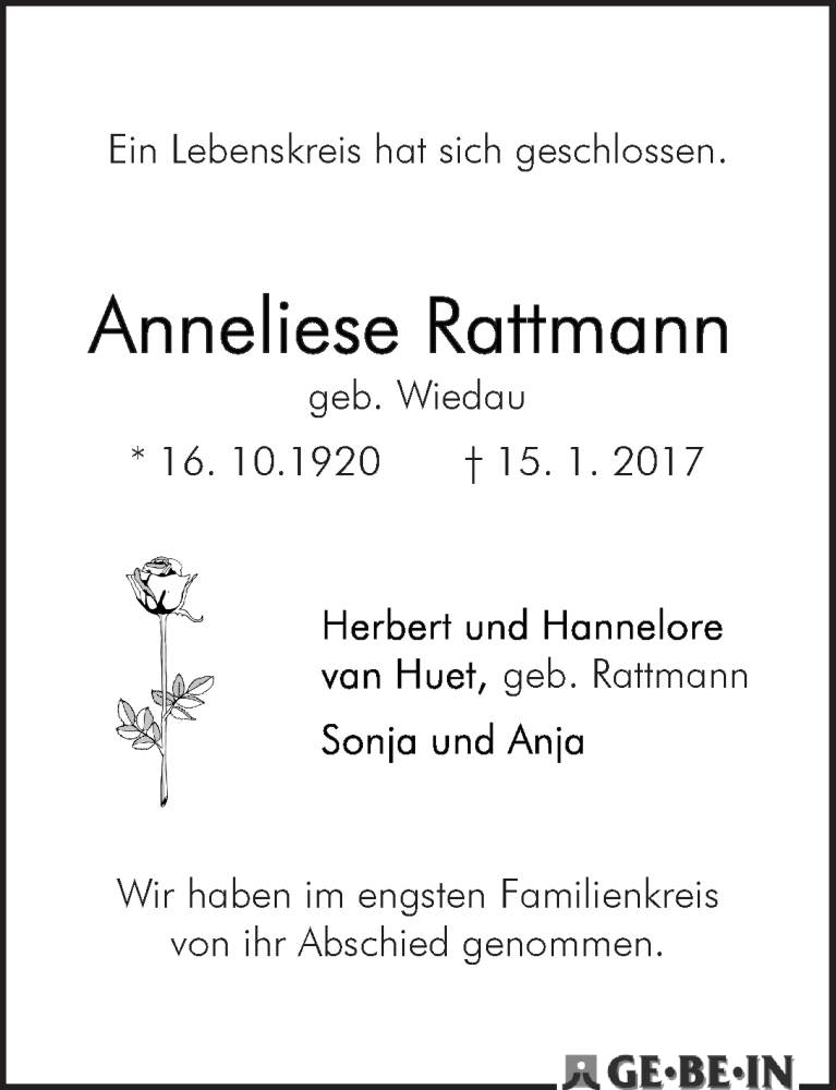Traueranzeige von Anneliese Rattmann von WESER-KURIER