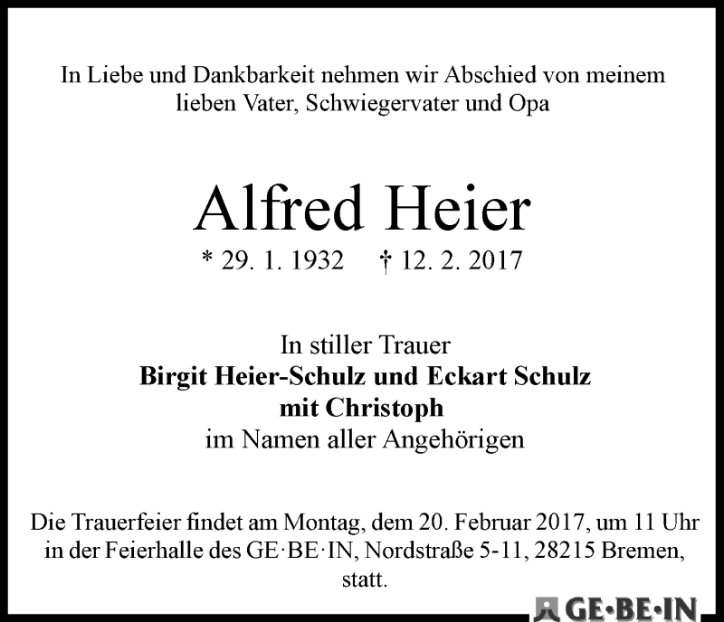 Traueranzeige von Alfred Heier von WESER-KURIER