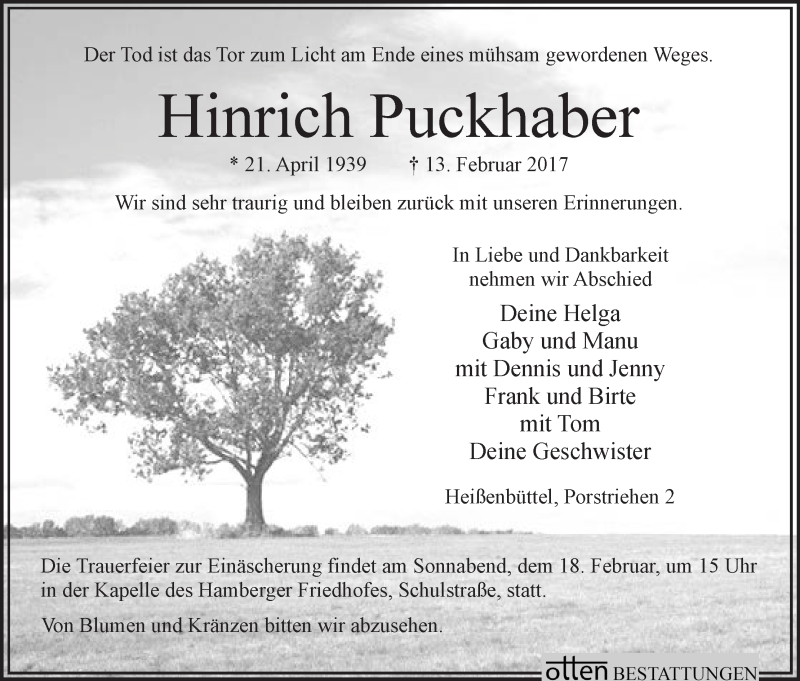 Traueranzeige von Heinrich Puckhaber von Osterholzer Kreisblatt