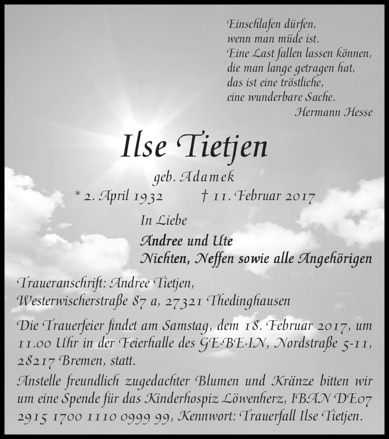 Traueranzeige von Ilse Tietjen von WESER-KURIER