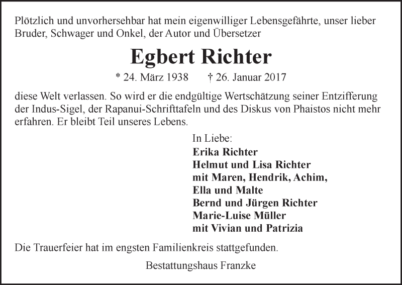 Traueranzeige von Egbert Richter von WESER-KURIER