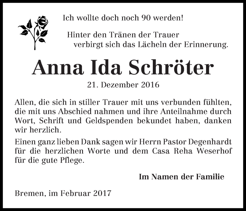 Traueranzeige von Anna Ida Schröter von WESER-KURIER