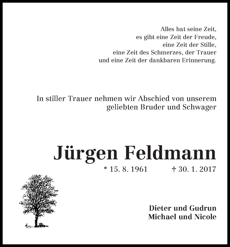 Traueranzeige von Jürgen Feldmann von Die Norddeutsche