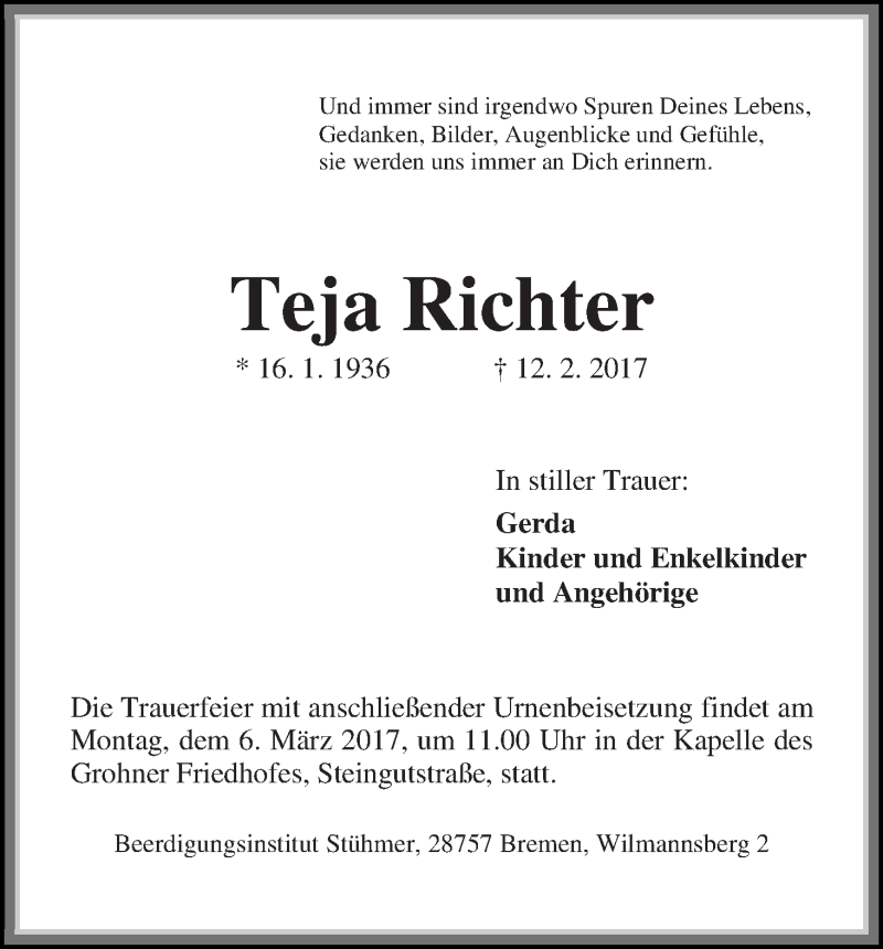  Traueranzeige für Teja Richter vom 25.02.2017 aus Die Norddeutsche