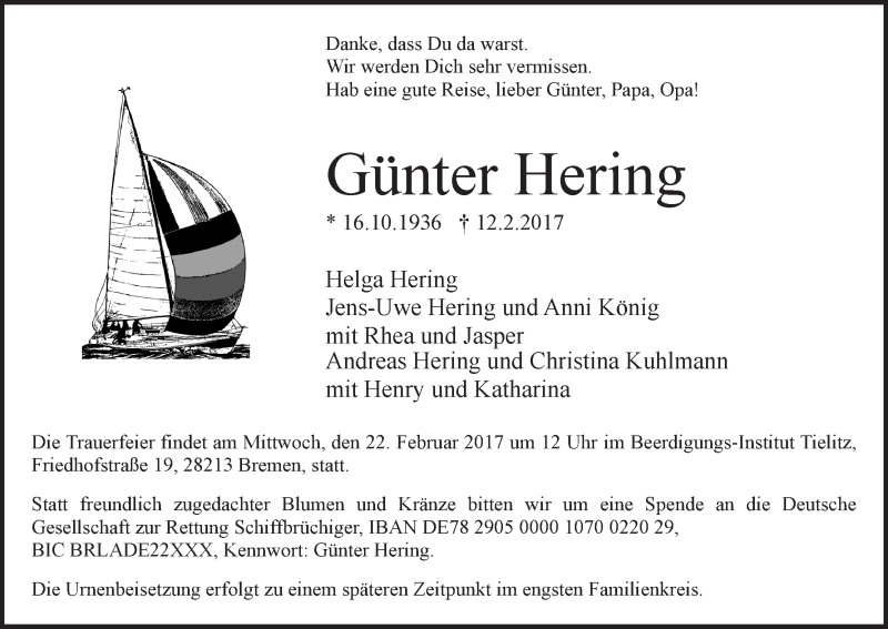 Traueranzeige von Günter Hering von WESER-KURIER