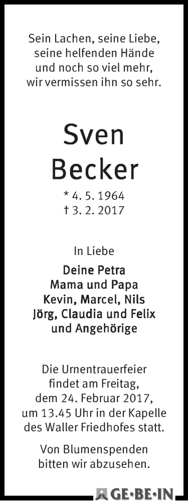  Traueranzeige für Sven Becker vom 11.02.2017 aus WESER-KURIER