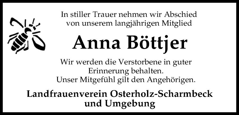 Traueranzeige von Anna Böttjer von Osterholzer Kreisblatt