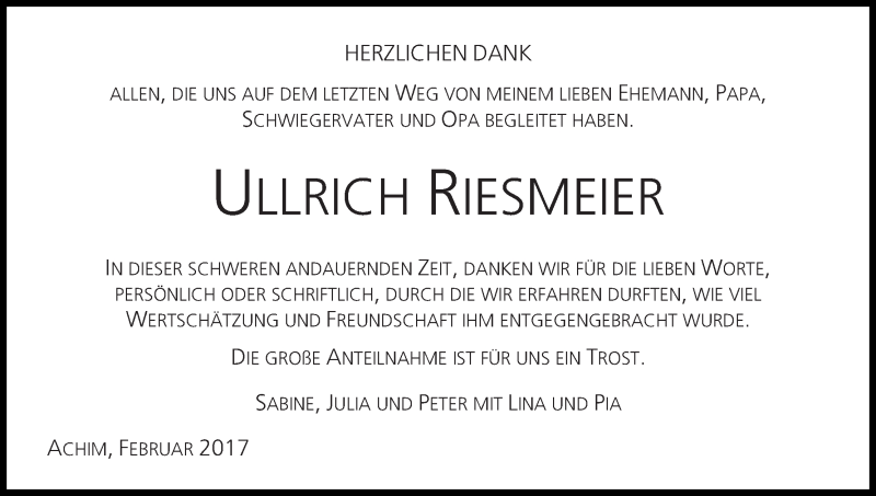 Traueranzeige von Ullrich Riesmeier von WESER-KURIER