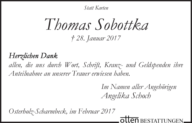 Traueranzeige von Thomas Sobottka von WESER-KURIER