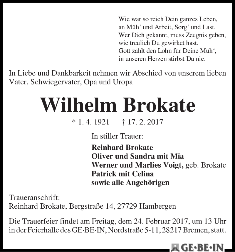Traueranzeige von Wilhelm Brokate von WESER-KURIER