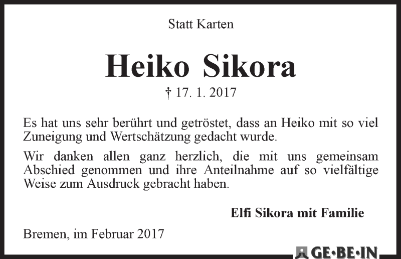 Traueranzeige von Heiko Sikora von WESER-KURIER