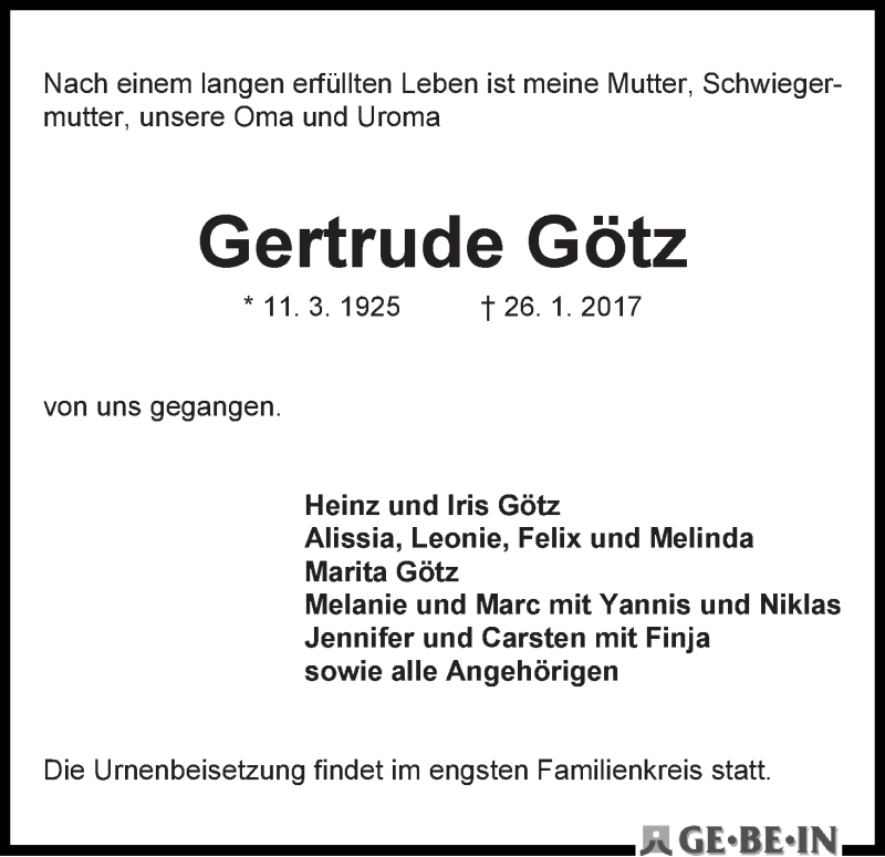 Traueranzeige von Gertrude Götz von WESER-KURIER