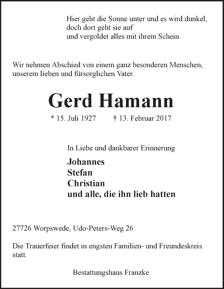 Traueranzeige von Gerd Hamann von Wuemme Zeitung