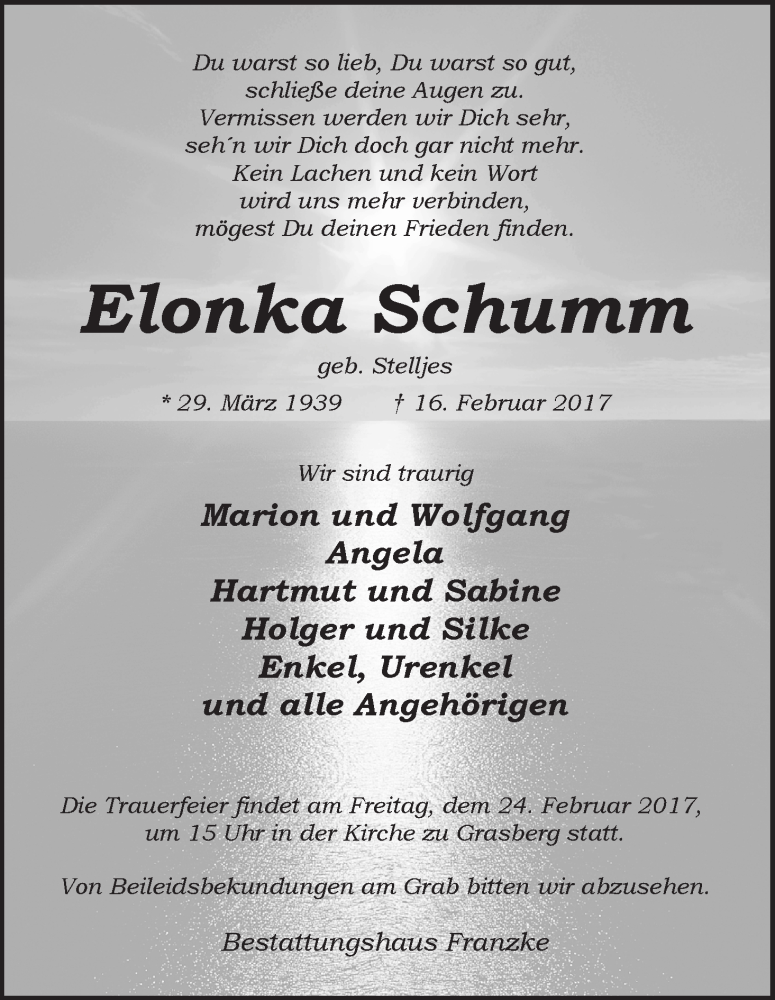 Traueranzeige von Elonka Schumm von Wuemme Zeitung