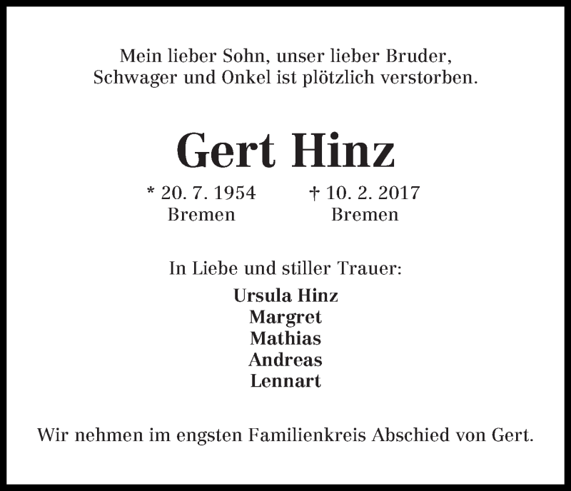 Traueranzeige von Gert Hinz von WESER-KURIER