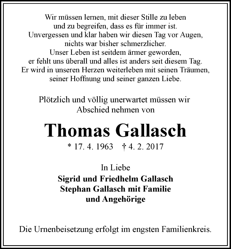  Traueranzeige für Thomas Gallasch vom 10.02.2017 aus WESER-KURIER