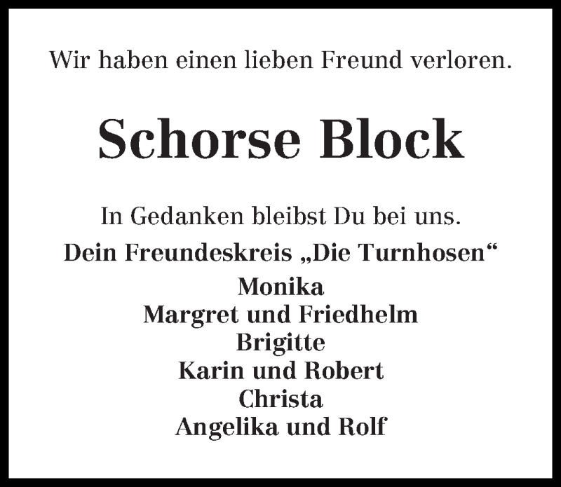 Traueranzeige von Schorse Block von WESER-KURIER
