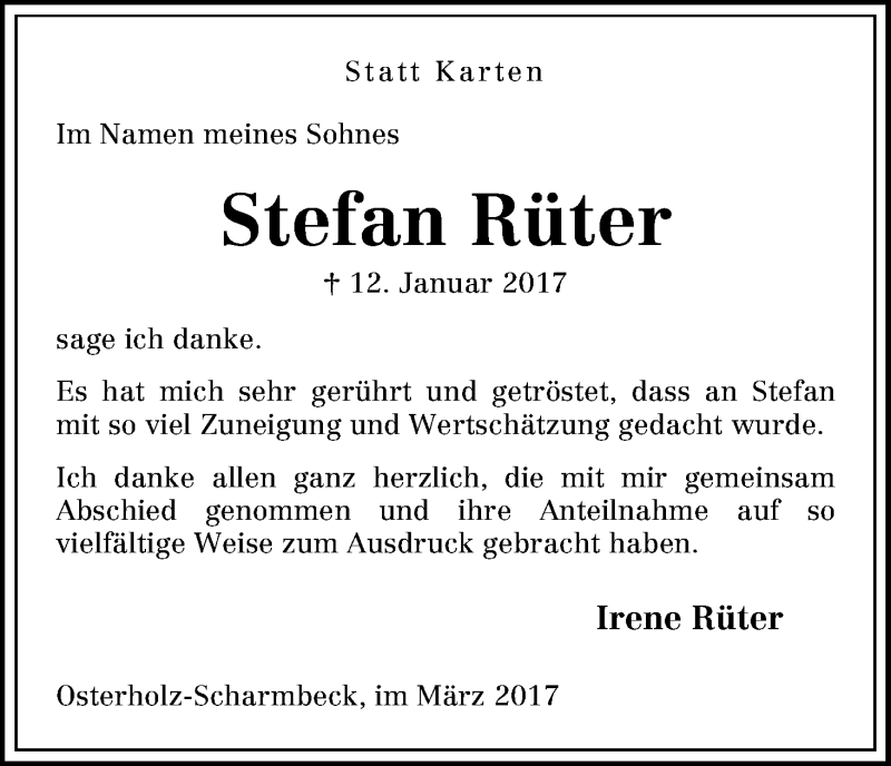 Traueranzeige von Stefan Rüter von Osterholzer Kreisblatt