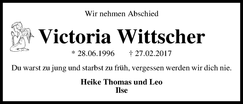  Traueranzeige für Victoria Wittscher vom 13.03.2017 aus WESER-KURIER