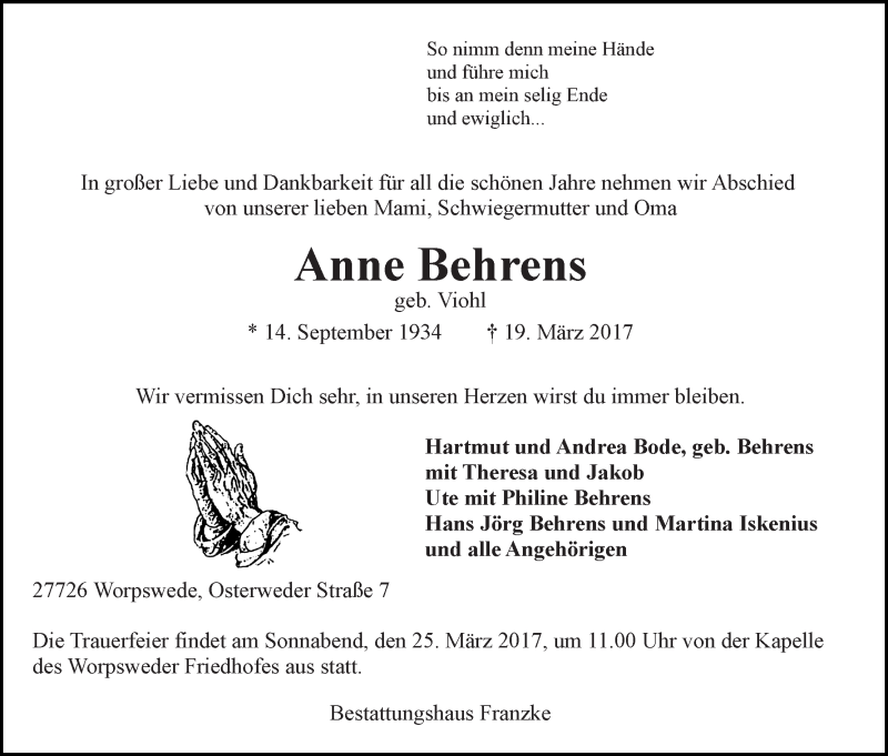 Traueranzeige von Anne Behrens von Wuemme Zeitung