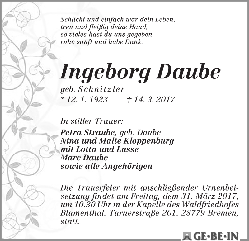 Traueranzeige von Ingeborg Daube von WESER-KURIER