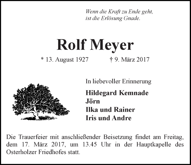 Traueranzeige von Rolf Meyer von WESER-KURIER