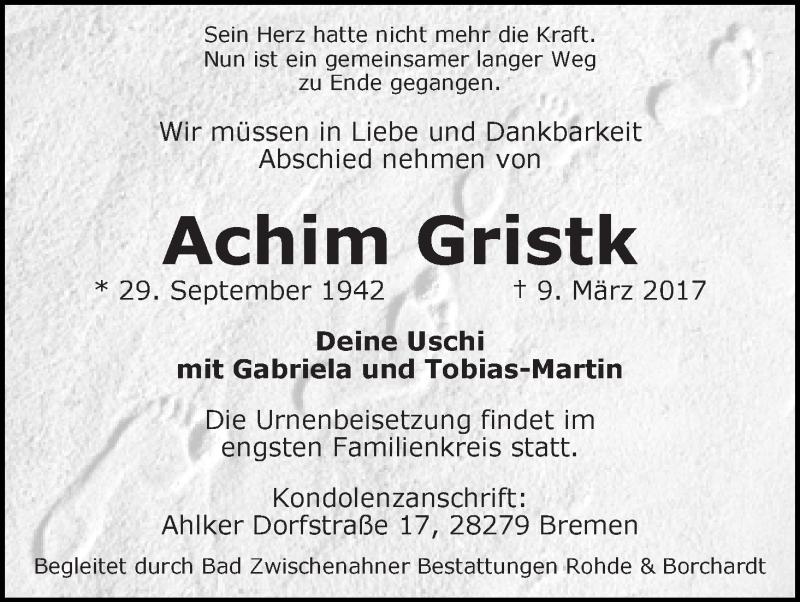 Traueranzeige von Achim Gristk von WESER-KURIER