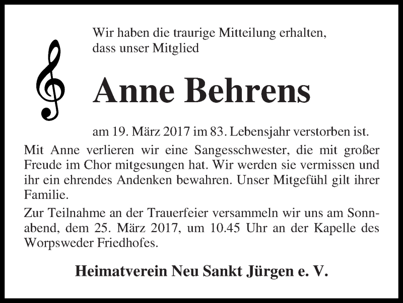 Traueranzeige von Anne Behrens von Wuemme Zeitung