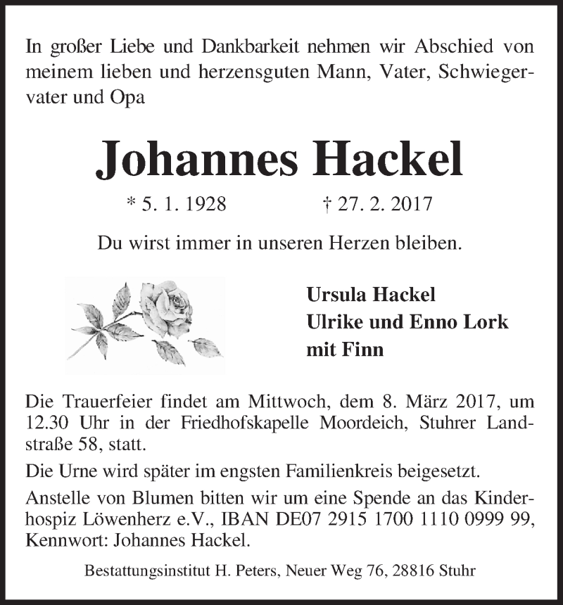 Traueranzeige von Johannes Hackel von WESER-KURIER