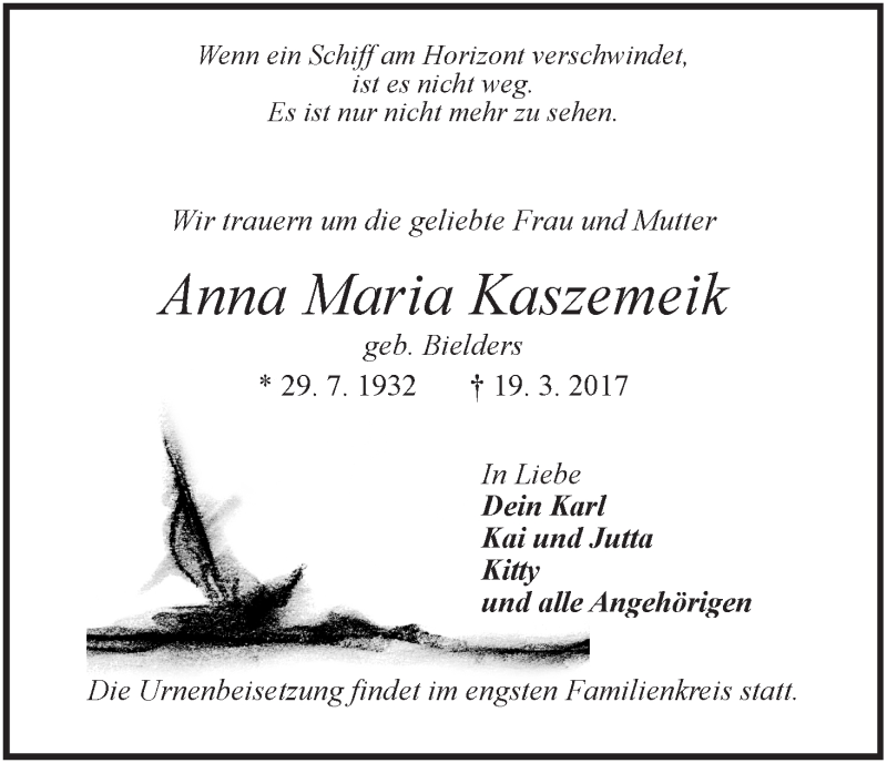 Traueranzeige von Anna Maria Kaszemeik von WESER-KURIER
