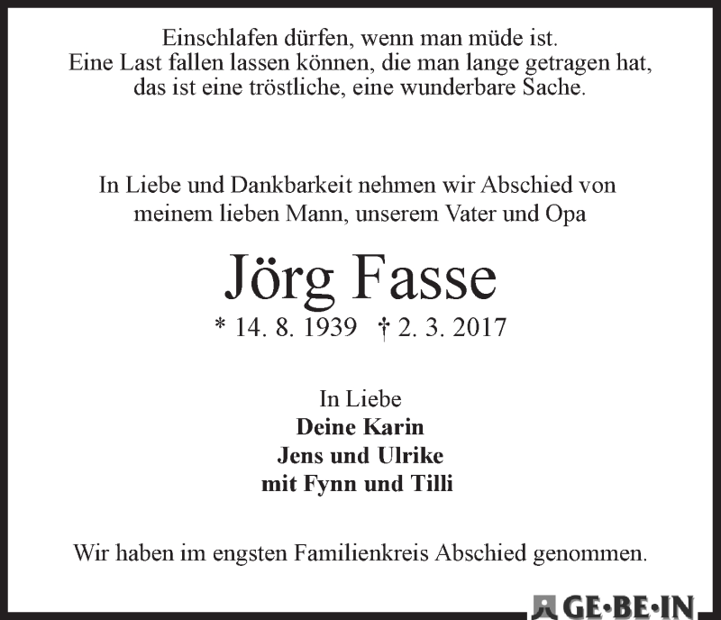 Traueranzeige von Jörg Fasse von WESER-KURIER