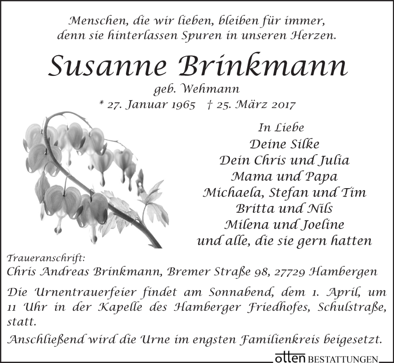  Traueranzeige für Susanne Brinkmann vom 29.03.2017 aus Osterholzer Kreisblatt