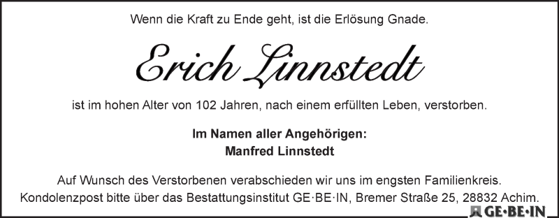 Traueranzeige von Erich Linnstedt von WESER-KURIER