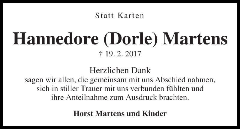 Traueranzeige von Hannedore Martens von WESER-KURIER