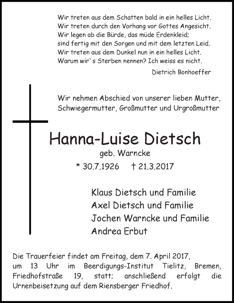 Traueranzeige von Hanna-Luise Dietsch von WESER-KURIER