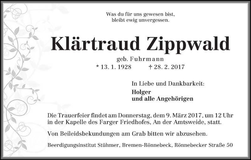 Traueranzeige von Klärtraud Zippwald von Die Norddeutsche