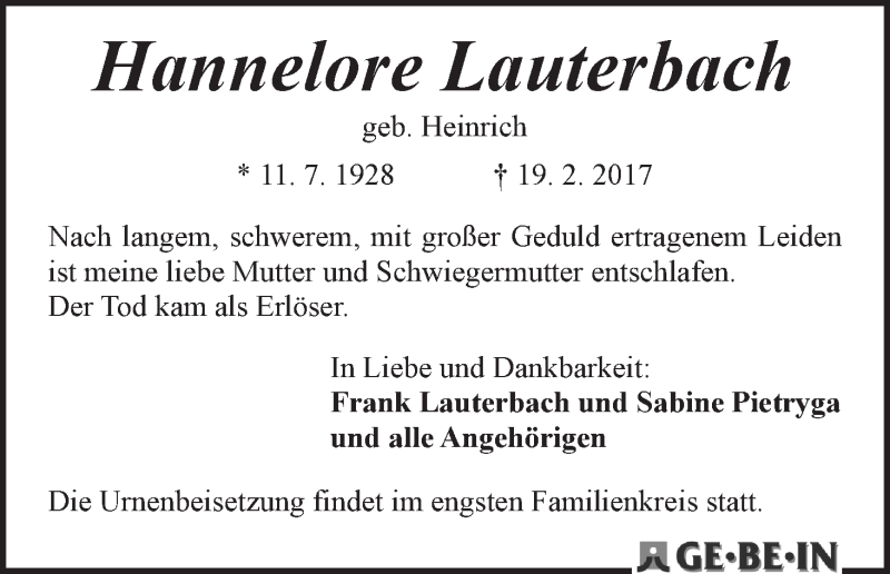  Traueranzeige für Hannelore Lauterbach vom 04.03.2017 aus WESER-KURIER