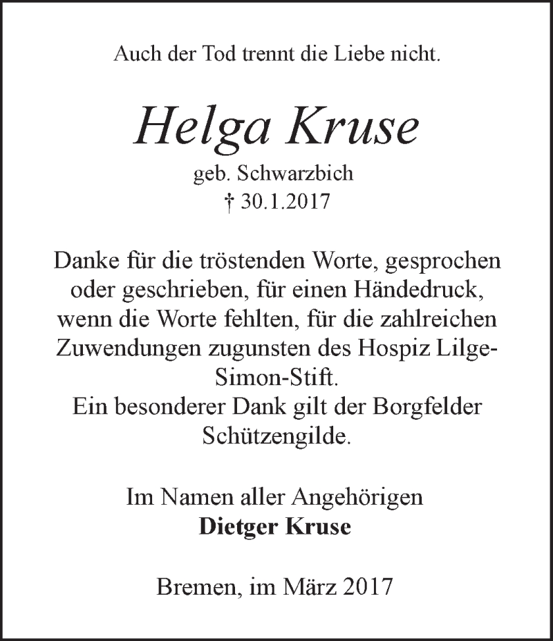 Traueranzeige von Helga Kruse von WESER-KURIER