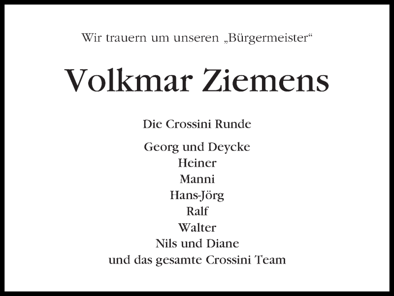 Traueranzeige von Volkmar Ziemens von WESER-KURIER